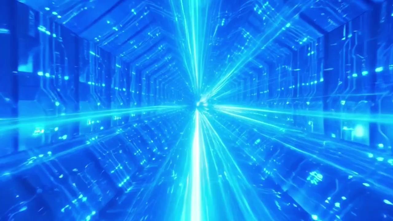 Futuristic Digital Tunnel with Glowing Blue Light Beams