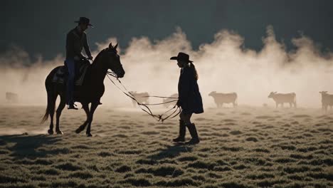 cowboys and cowgirls in a misty morning