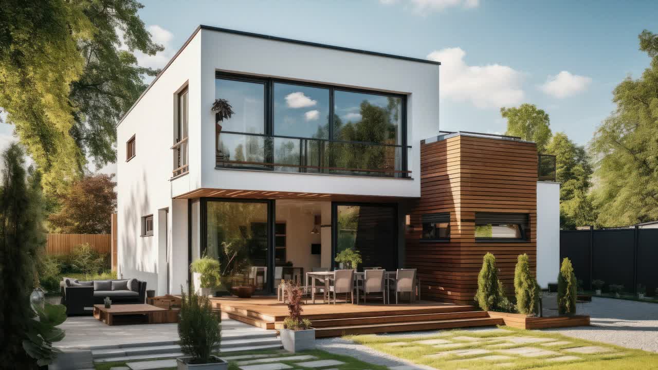 Modern two-story house with wood accents, captured from a low-angle, showcasing large windows