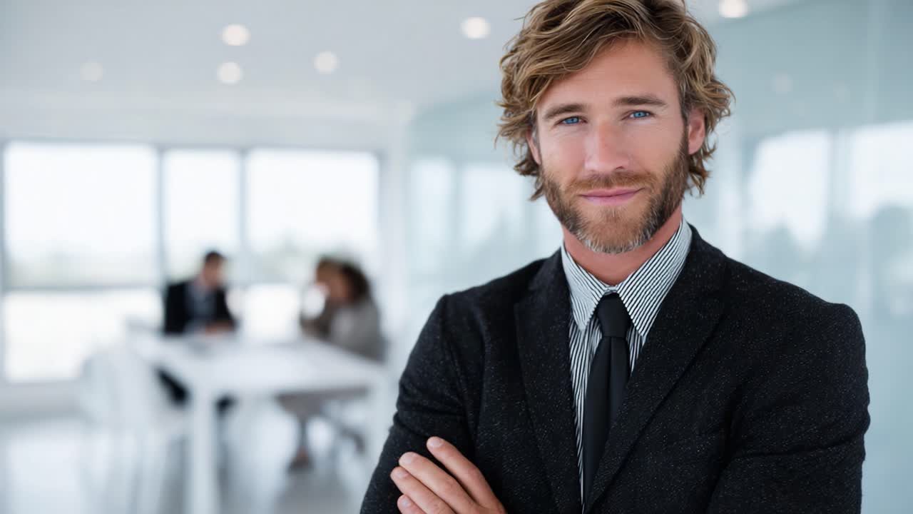 Professional Businessman Smiling in Modern Office Setting, Showcasing Confidence and Charisma with Colleagues in the Background Engaged in Discussion