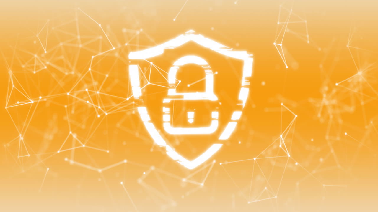 Animation of padlock icon with network of connections on orange background