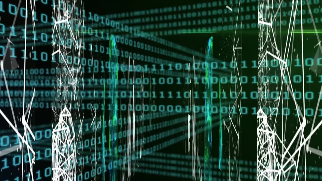 Animation of shapes and data processing over black background