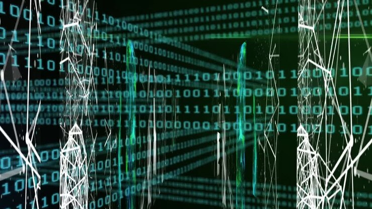 Animation of shapes and data processing over black background