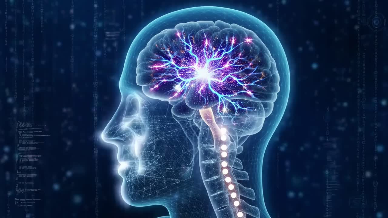 Tampilan samping otak bercahaya dengan koneksi saraf, dalam gaya video futuristik