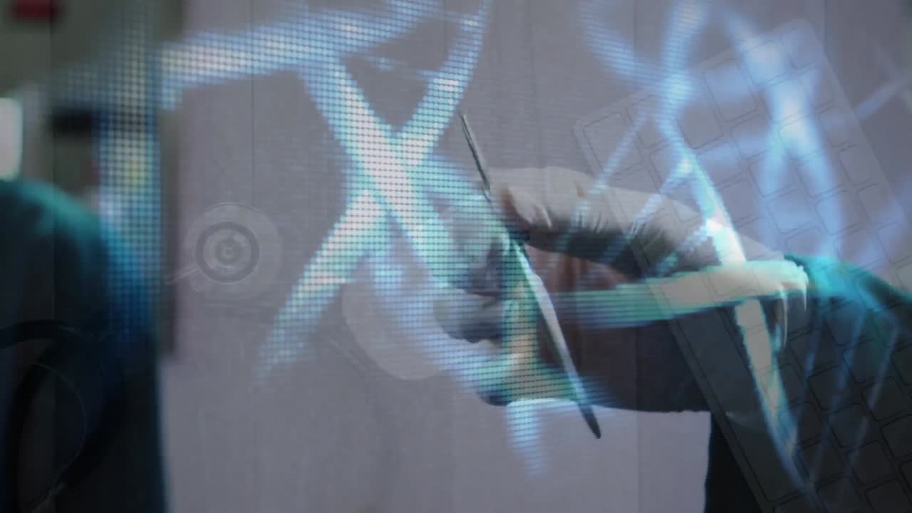 animación de cadena de adn sobre hombre fuerte haciendo ejercicio en el gimnasio