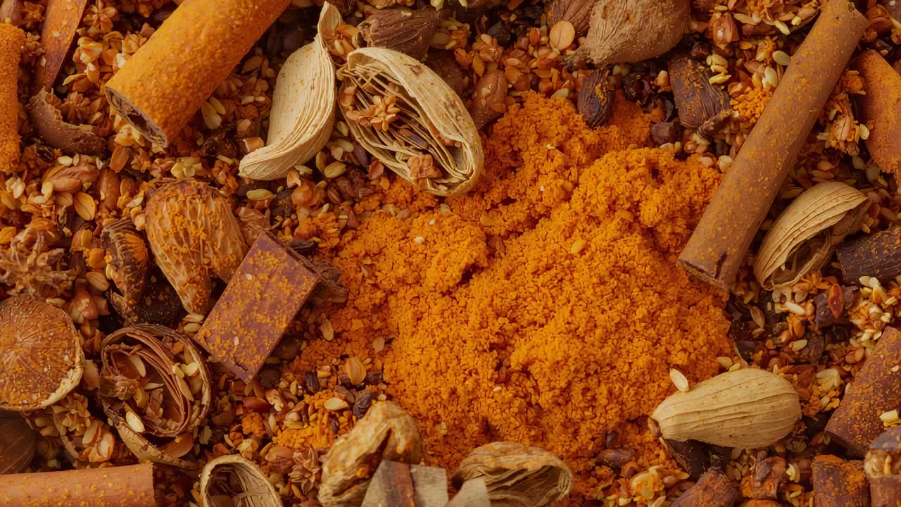 Tightening camera revealing orange spice pile on counter, highlighting texture, cinnamon, cardamom