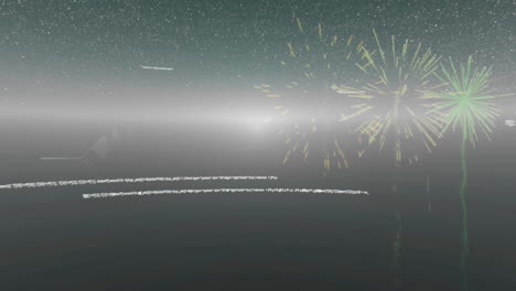 animación de fuegos artificiales y relámpagos sobre el texto de feliz navidad en fondo negro.