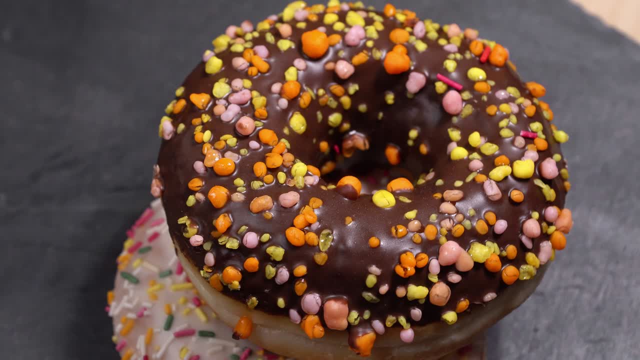 rosquillas dulces girando sobre un fondo oscuro. dulzura tradicional estadounidense