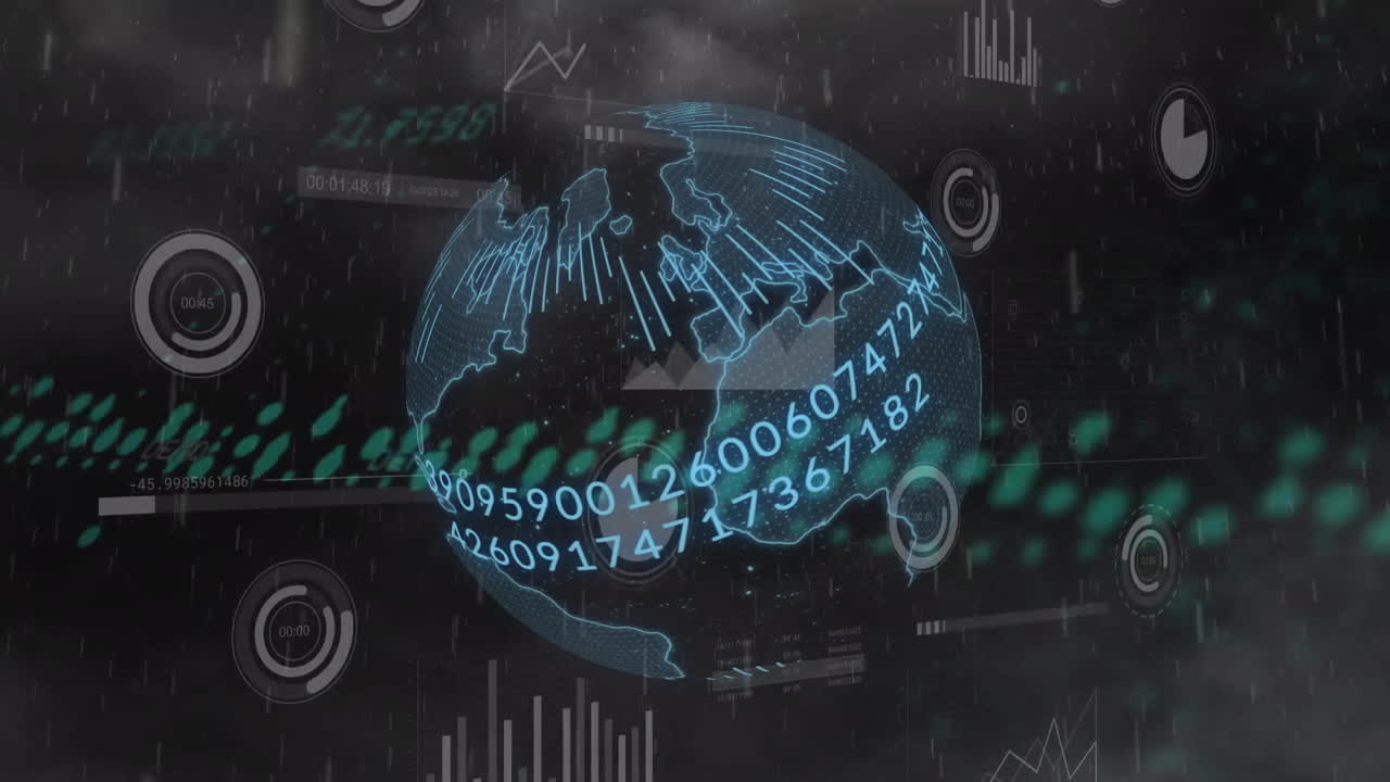 Animation of financial data processing over binary coding with globe