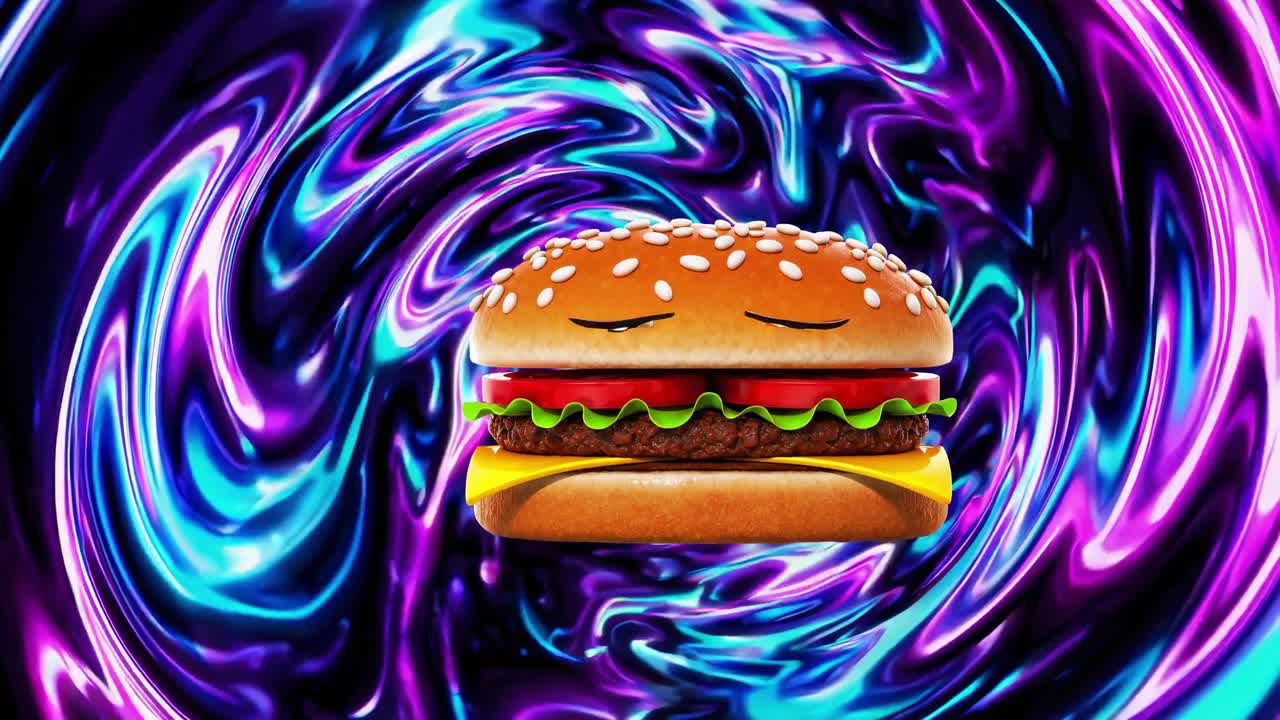 personaje de hamburguesa de dibujos animados melancólico a la deriva a través de un fondo de remolino psicodélico vibrante, expresando el viaje emocional de la comida con animación de diseño gráfico surrealista