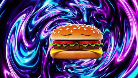 melancholic cartoon burger character drifting through vibrant psychedelic swirl background, expressing emotional food journey with surreal graphic design animation