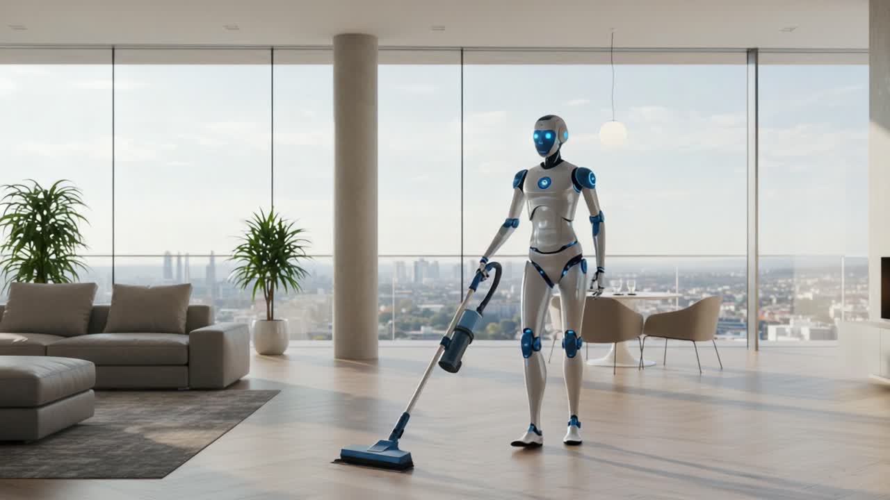 A futuristic robotic vacuum cleaner seamlessly tidies up a contemporary living space, showcasing advanced technology and modern design amidst a panoramic city view