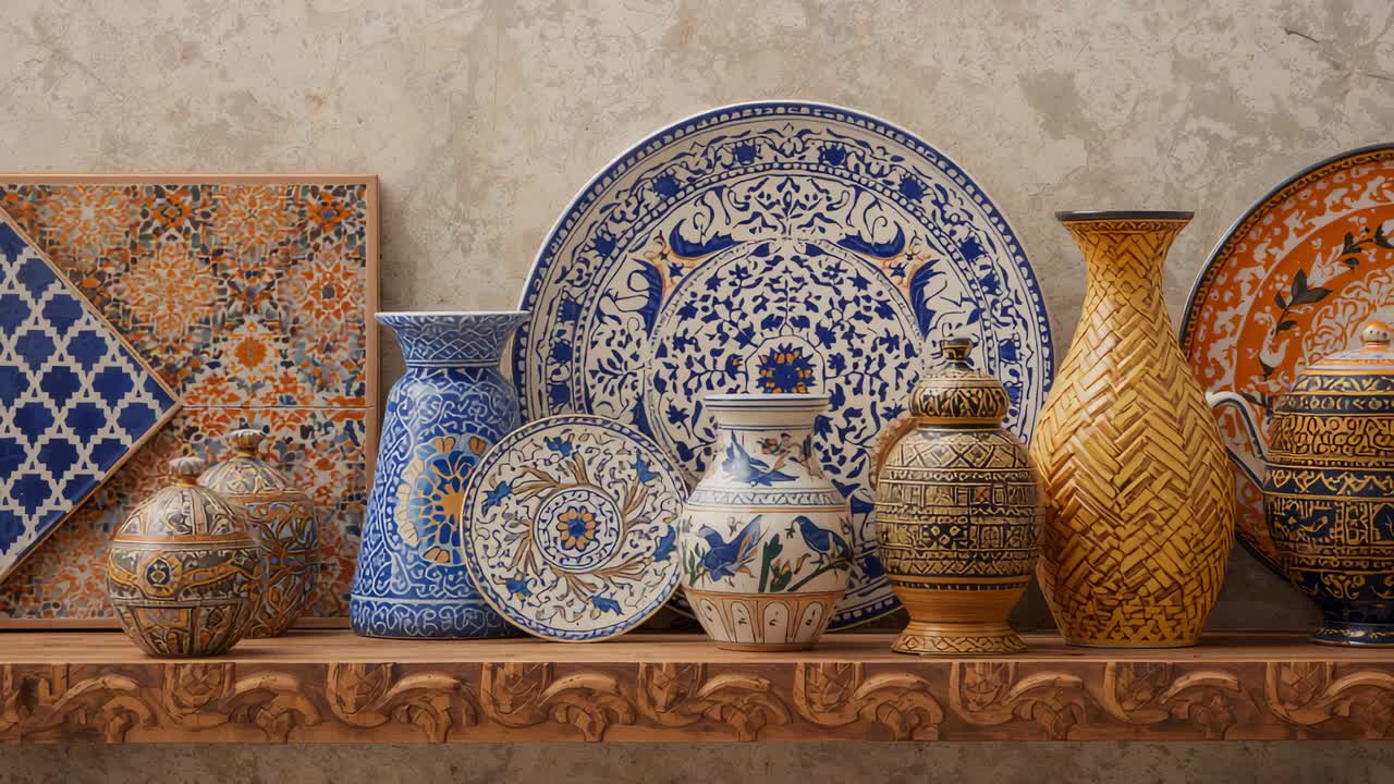 Ricentraggio della camera che mostra un'esposizione di ceramiche su una mensola intagliata in una galleria, con messa a fuoco su un piatto blu-bianco