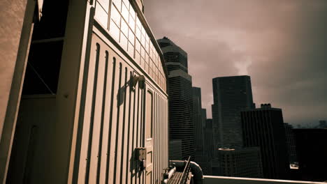 urban skyline with dramatic clouds over modern buildings during twilight