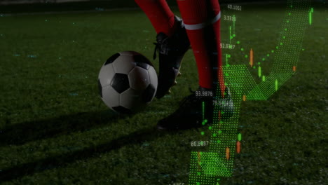 kicking soccer ball, player with stock market data animation over grass field