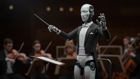 a futuristic robot conductor elegantly leads an orchestra, showcasing a blend of technology and artistry, captivating the audience with a captivating musical performance
