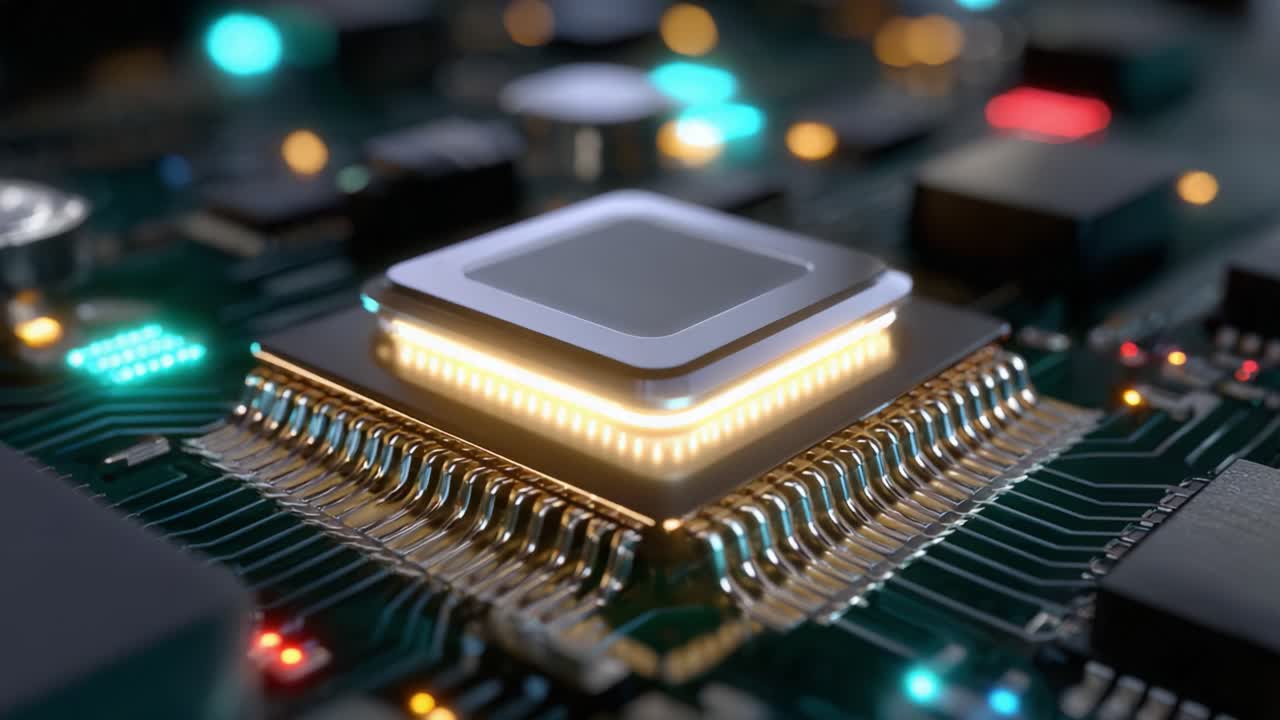 A Close-Up View of a Microprocessor on a Circuit Board, Showcasing the Intricate Details and Lighting Effects of Modern Technology in Computer Architecture, Highlighting the Complex Interconnectivity and Design