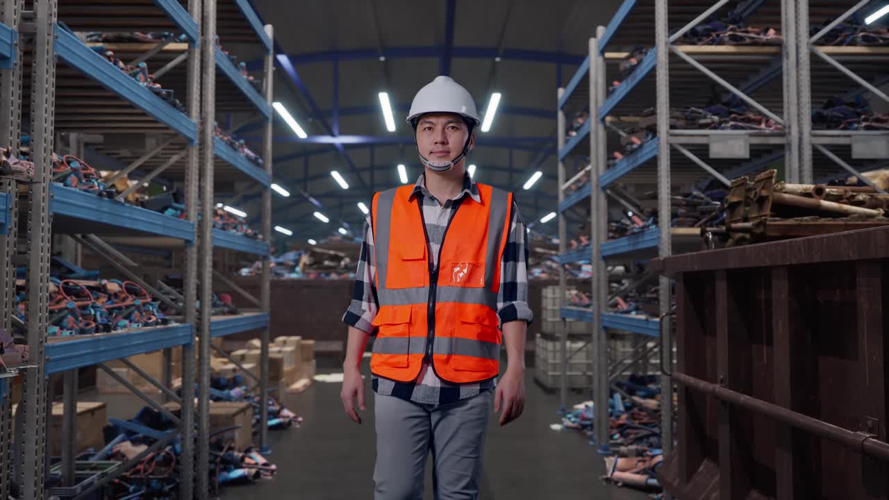 Vista frontale di un ingegnere uomo asiatico che cammina in un magazzino industriale di rottami metallici e riciclo