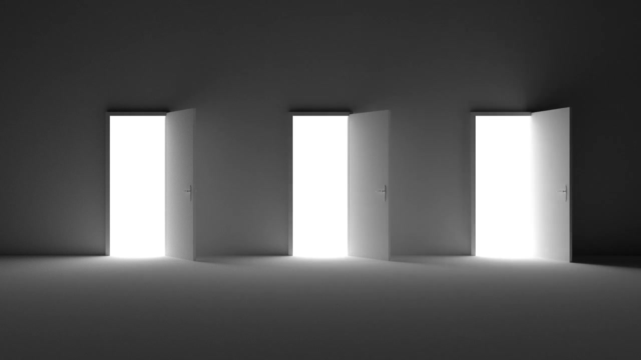 Several doors that open, from room darkness to light
