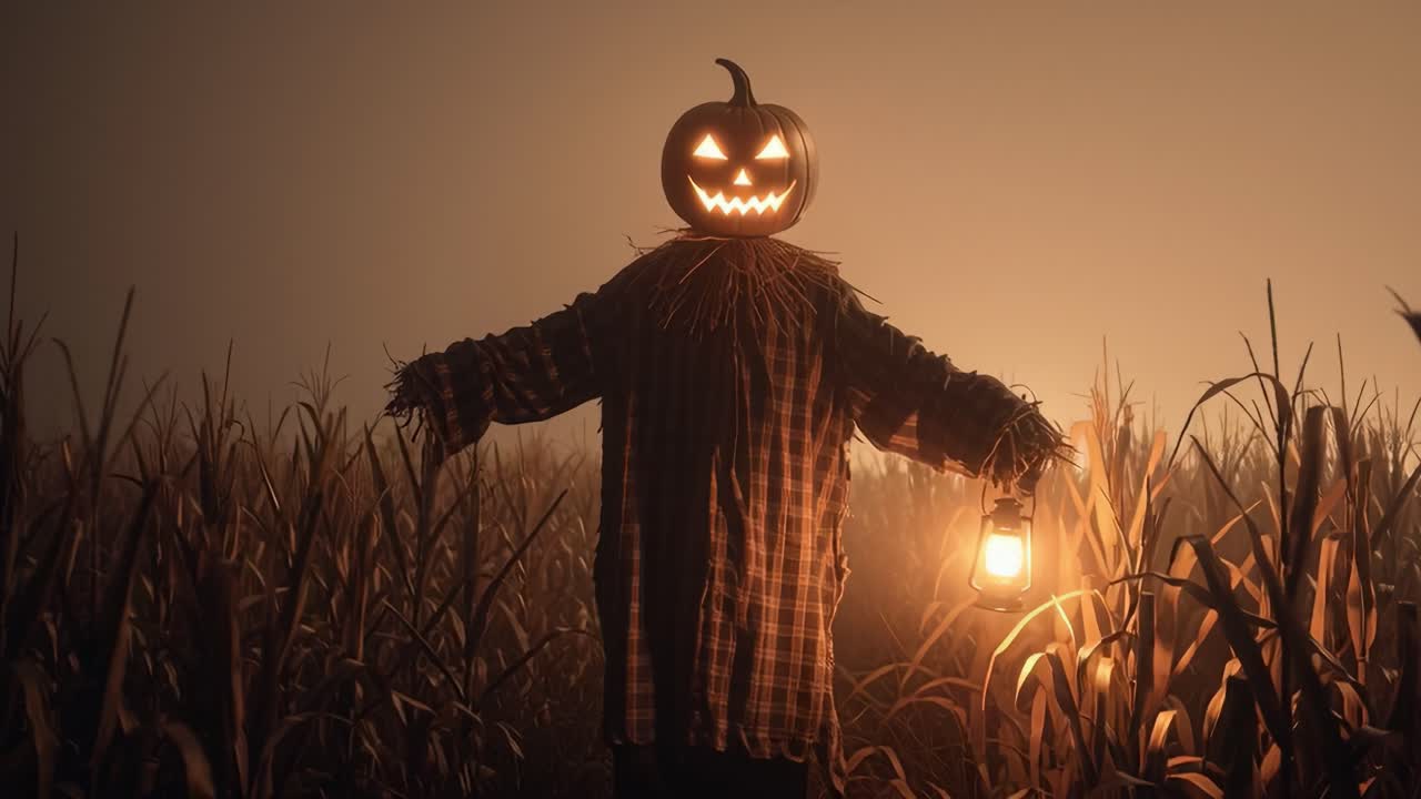 Eine unheimliche Vogelscheuche mit einem Kürbiskopf steht in einem nebligen Maisfeld in der Dämmerung, eine Laterne haltend, und erzeugt eine gruselige Atmosphäre, perfekt für Herbstnächte.
