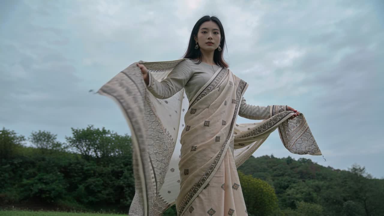 Modella che solleva e ruota il pallu in un prato, con la brezza che le solleva il tessuto per mostrare il sari.