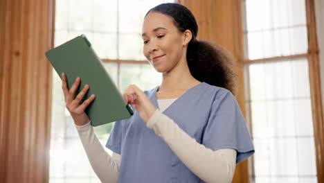 woman, smile and tablet for research