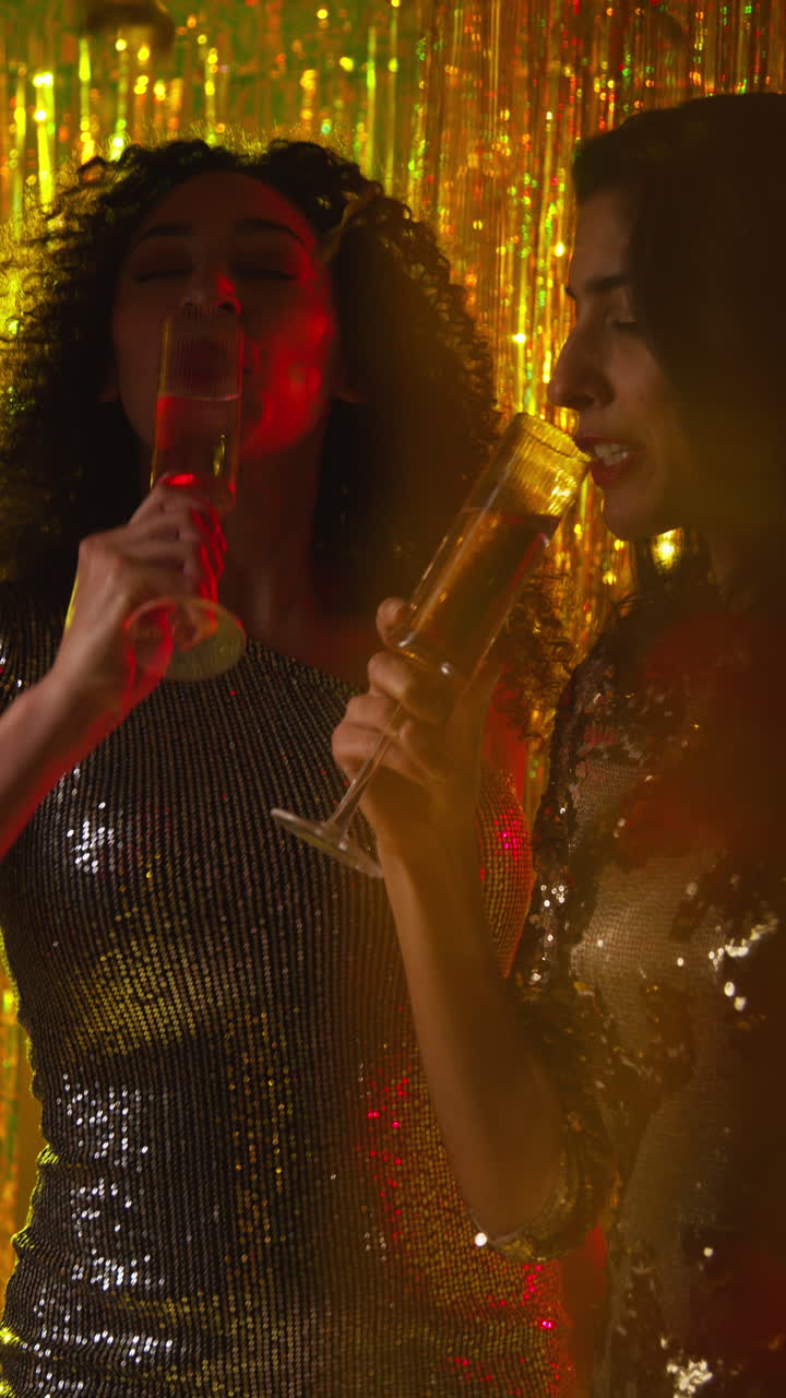 Vertical Video Of Two Women Dancing In Nightclub Or Bar Celebrating Doing Cheers And Drinking Alcohol With Sparkling Lights And Confetti