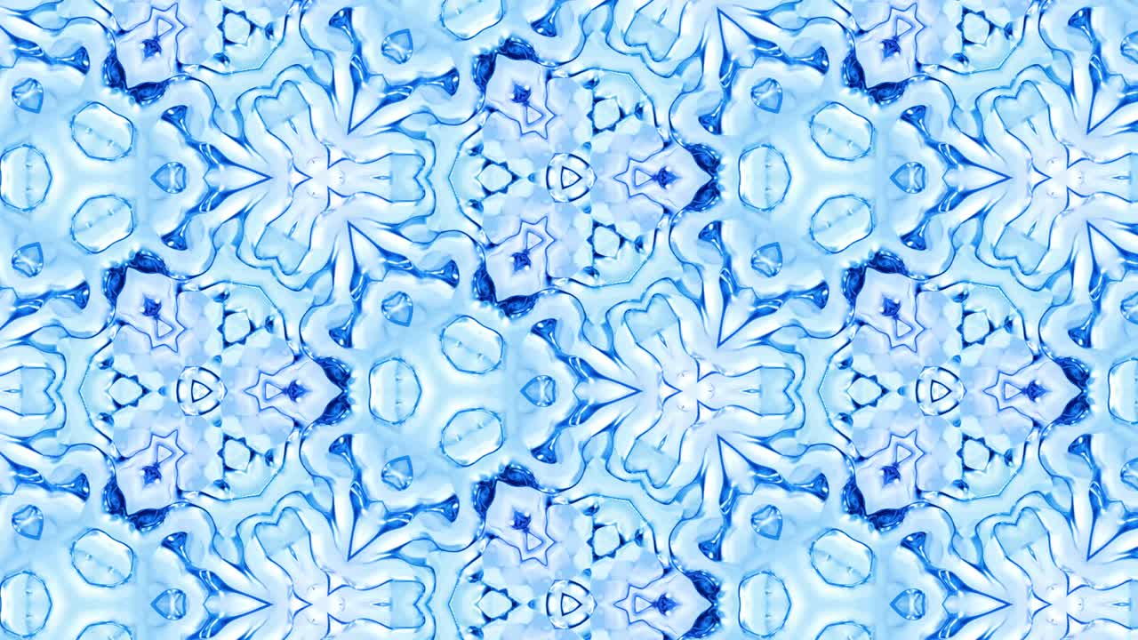 fondo simétrico abstracto con simetría estelar. mandala con olas. fondo líquido azul abstracto en bucle con patrón brillante ondulado, superficie brillante y brillante. efecto caleidoscopio