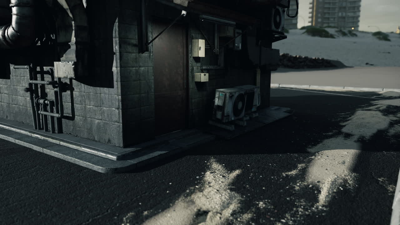 독특한 텍스처와 그림자를 보여주는 건물 외관의 상세한 시각