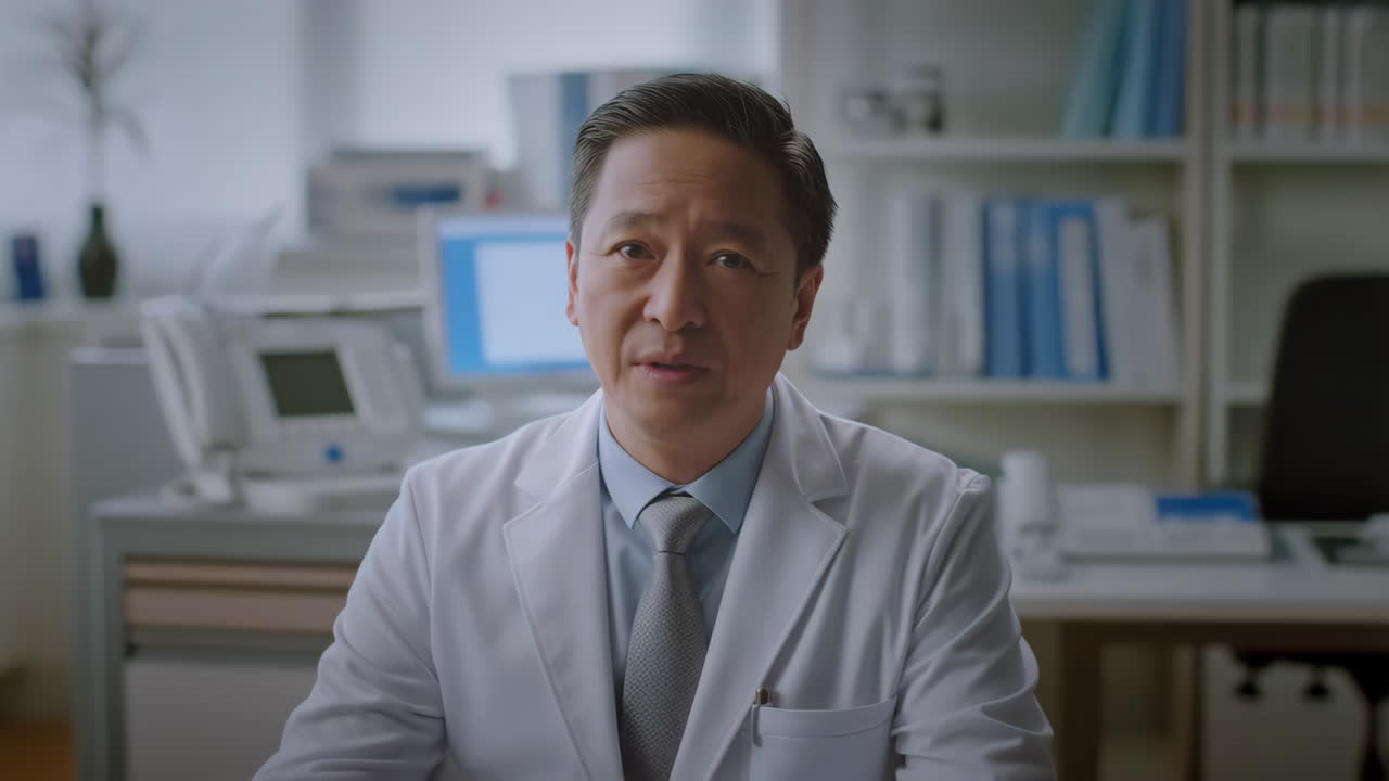 A doctor in a white lab coat sitting in a medical office