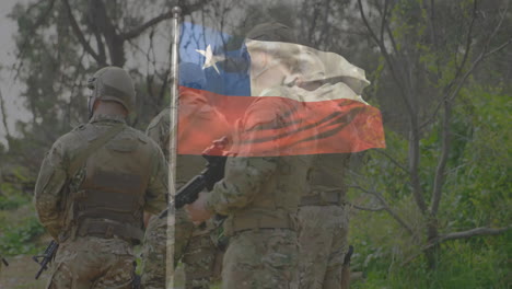 in forest, soldiers in camouflage uniforms with chilean flag animation overlay