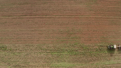 Stationäre-Luftaufnahme-Von-Oben-Nach-Unten-Eines-Traktors,-Der-Ein-Feld-Von-Rechts-Nach-Links-Pflügt