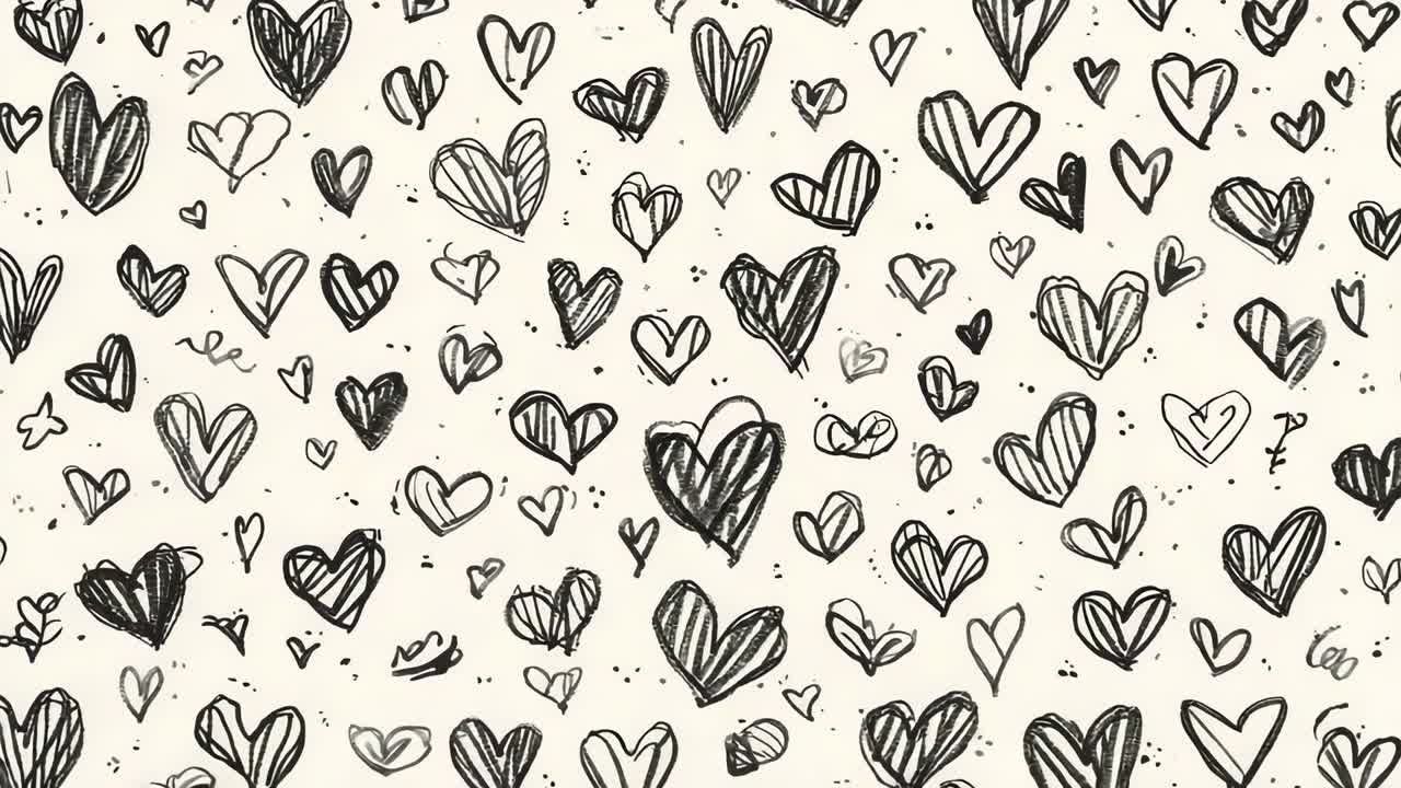 Zooming camera over hand-drawn hearts on cream paper, showing black ink hatching and doodles