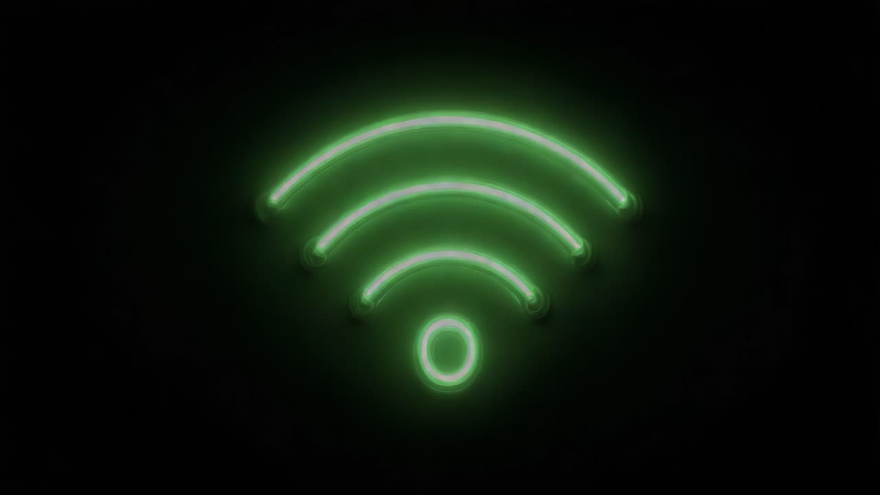 Un simbolo Wi-Fi verde vibrante illuminato su uno sfondo scuro, che rappresenta la connettività e la comunicazione digitale in un mondo moderno.
