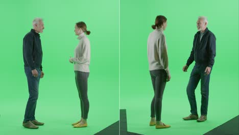 2-in-1 green screen collage: beautiful young girl chatting with charismatic middle aged man, standing, talking, having fun, gesticulating. multiple angle best value package: front and back views