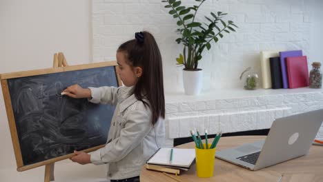 young girl spending a time drawing using online lessons on laptop. distance learning online education