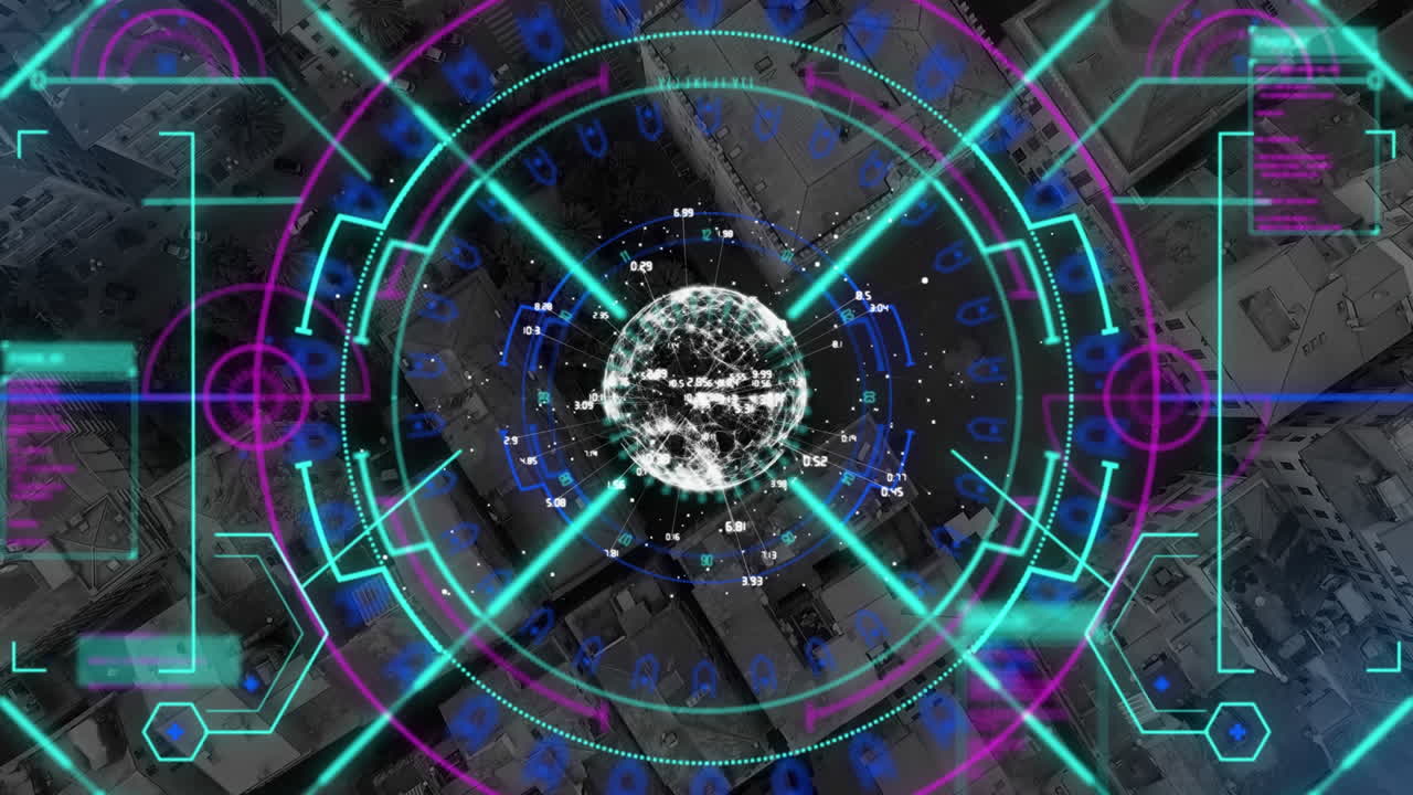 디지털 스크린과 도시 풍경 위의 네온 모양과 지구의 애니메이션
