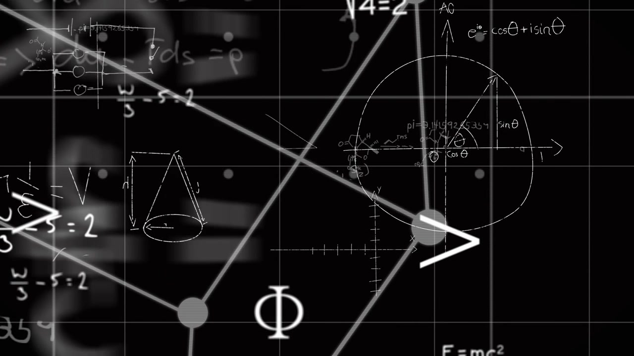 Animation of mathematical data processing over black background