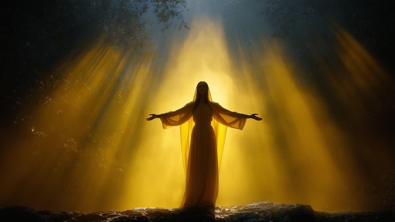 Una figura mística silueteada contra un resplandor radiante, abrazando la luz con los brazos extendidos en un entorno natural sereno, evocando una sensación de trascendencia y espiritualidad.