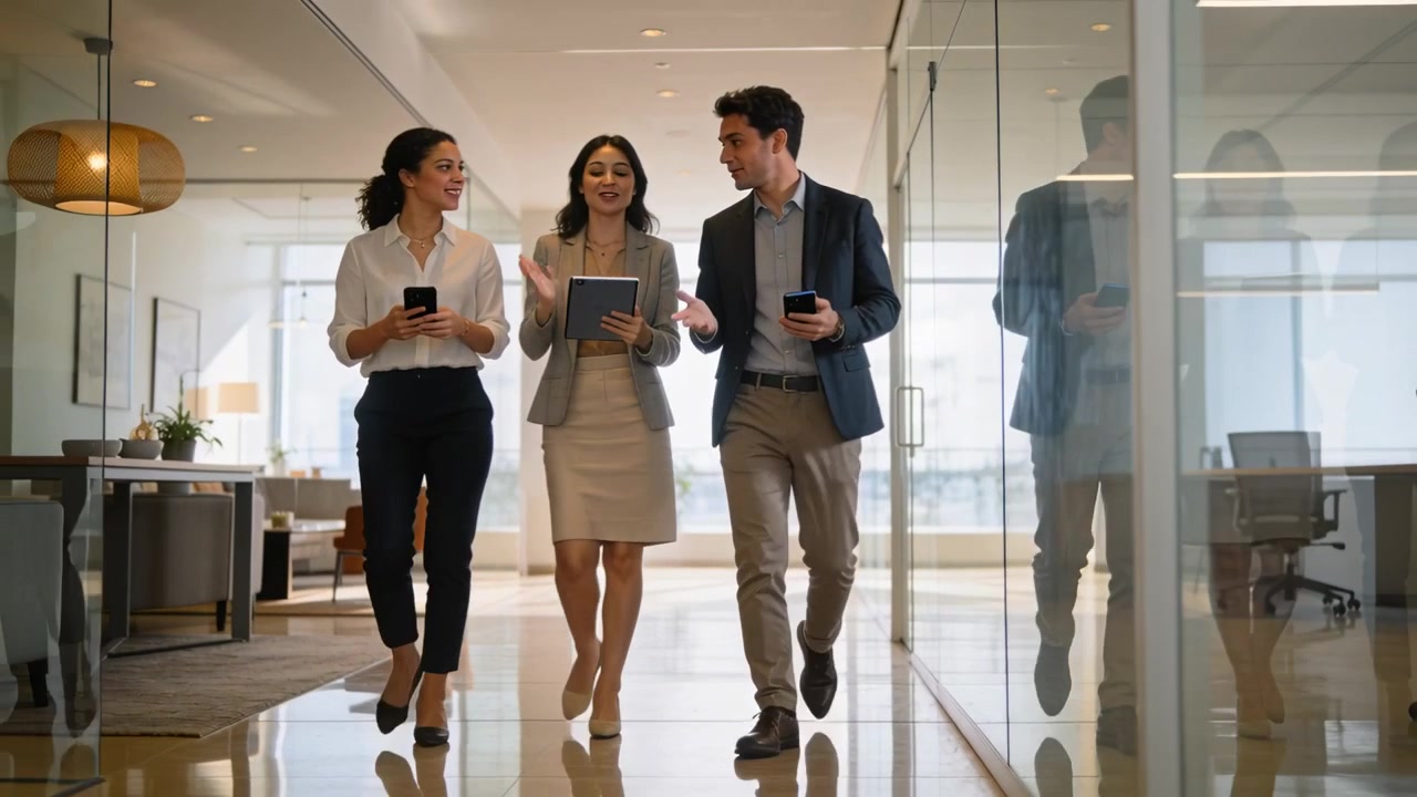 Três pessoas de terno entrando no enquadramento, caminhando em um corredor de vidro, examinando um tablet e verificando telefones.
