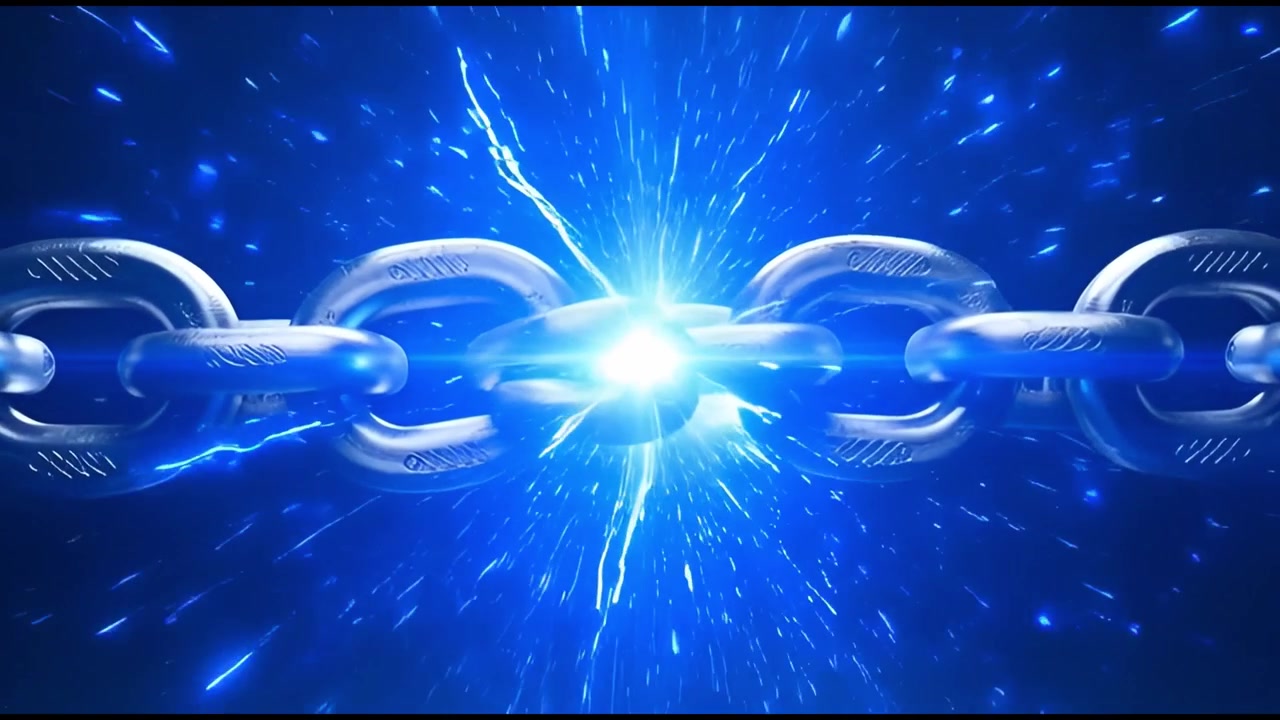 Metal Chain Links Connecting with a Burst of Blue Energy