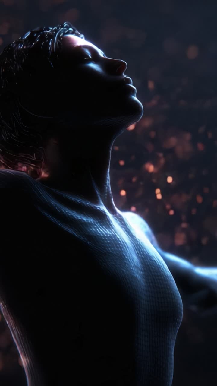 Un retrato dinámico de una figura iluminada por una luz etérea, capturando la esencia de la libertad y la autoconciencia en medio de un telón de fondo de partículas brillantes