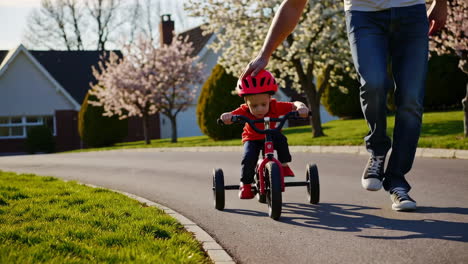 father teaching his son to ride a tricycle
