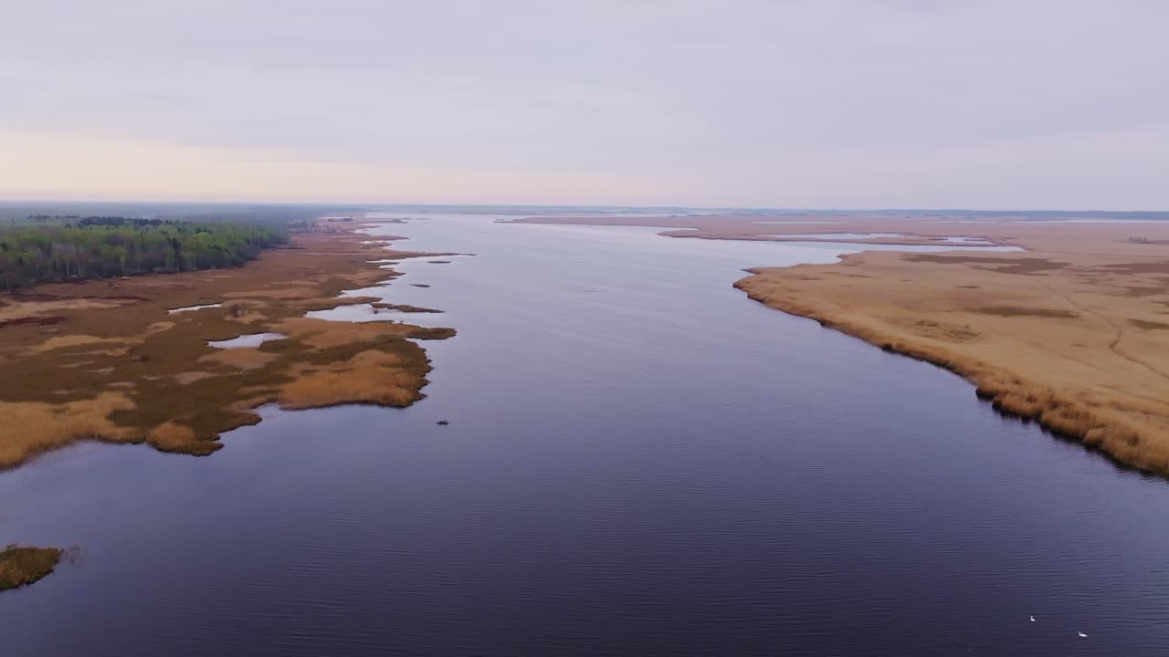 Paesaggio aereo delle zone umide del lago Pape che mostra l'armonia tra acqua e terra