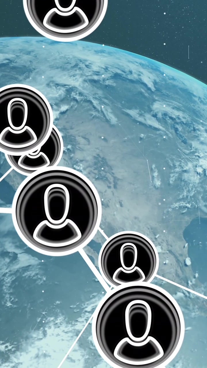 Animazione di una rete di connessioni con icone su un mappamondo, su sfondo nero