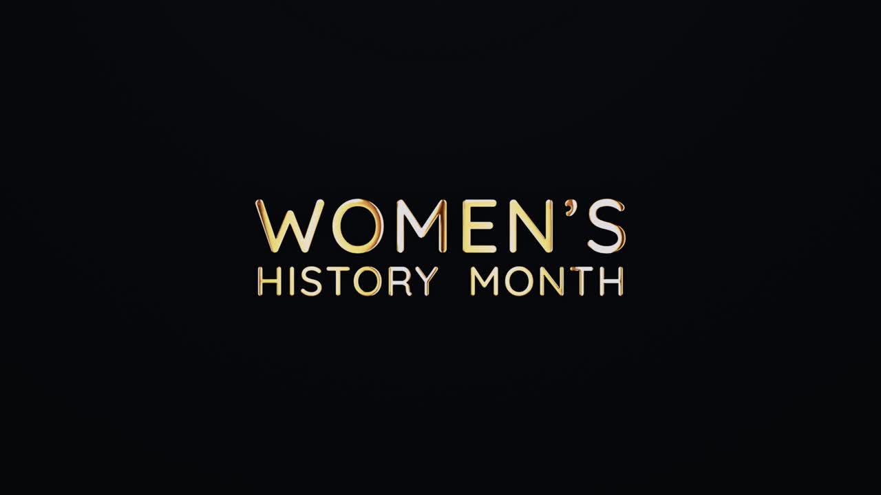 Women History Month text word gold light animation loop with glitch text effect. 4K 3D seamless looping Women History Month effect element for Cinema trailer, Sales Marketing title banner. Old Gaming Console Style