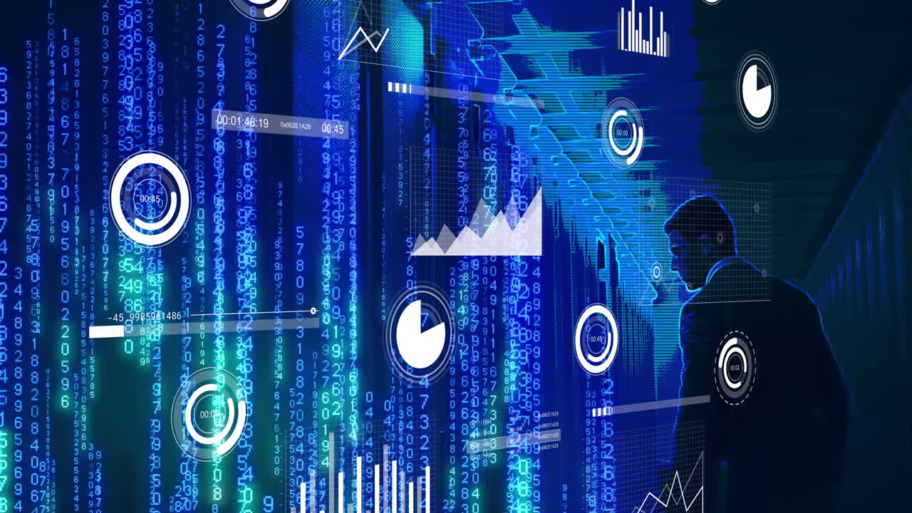 Animation of binary coding data processing with caucasian male it technician by computer servers
