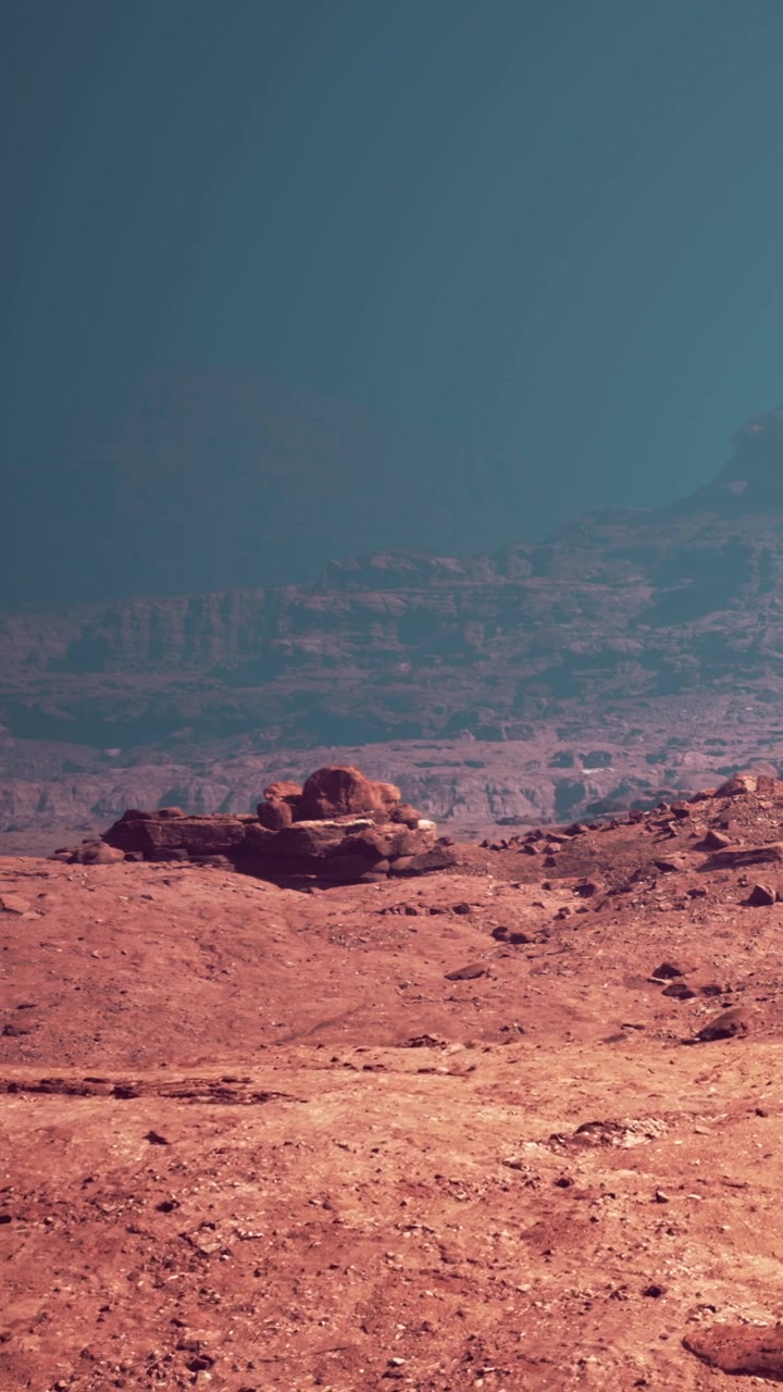 Visualizzazione della superficie di un pianeta con rocce e terreno, di giorno su Marte.