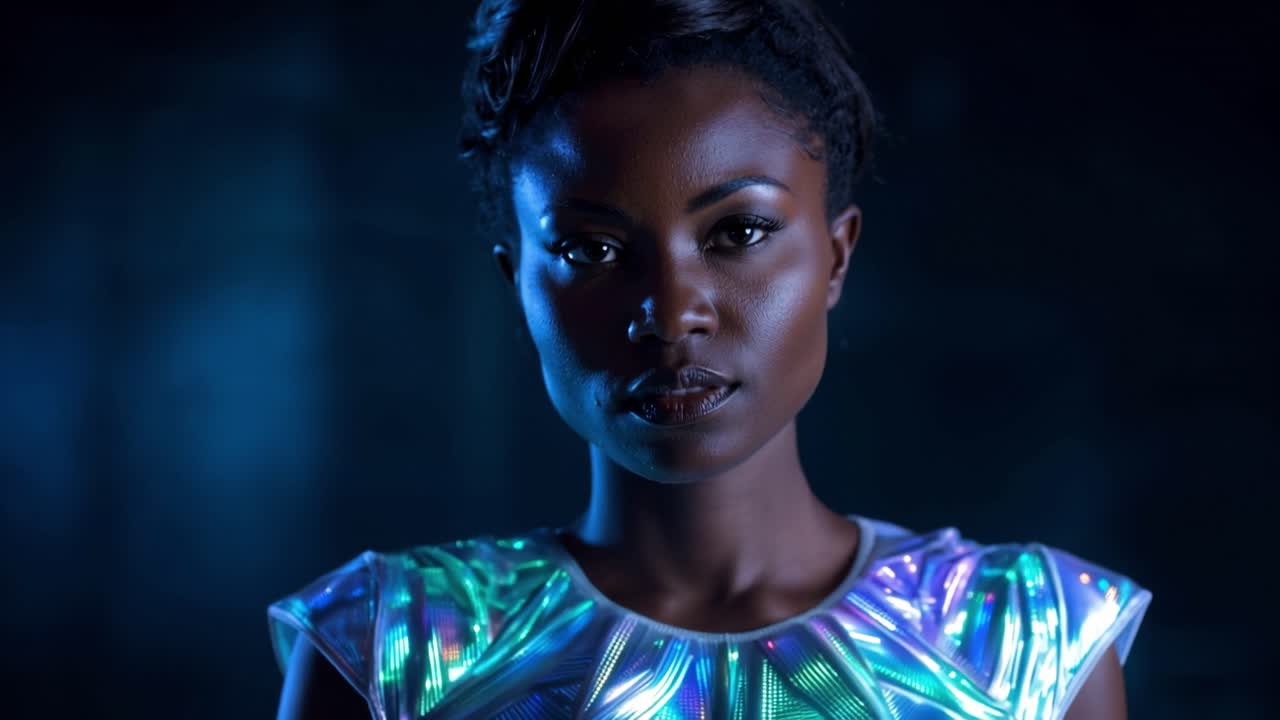 Una stanza buia risplende di una fredda luce blu. La donna indossa un top scintillante e iridescente. Il suo sguardo è intenso, concentrato e curioso. Sta ferma, composta, con tranquilla sicurezza. Perfetto per scenari futuristici, di fantascienza