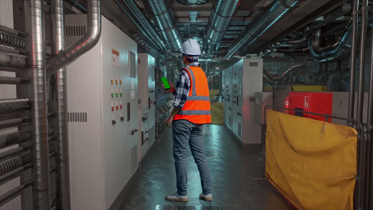 Full Body Back View Of Asian Male Engineer With Safety Helmet Working On A Green Screen Smartphone And Looking Around While Standing In Engine Control Room, Work Of Electrical Generators